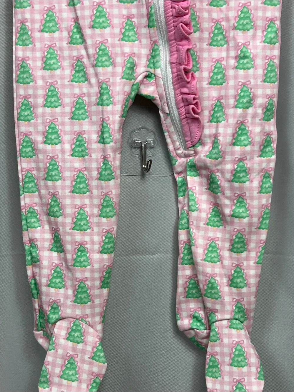 James and Lottie pink gingham Christmas tree one piece zipper footie 9 months
